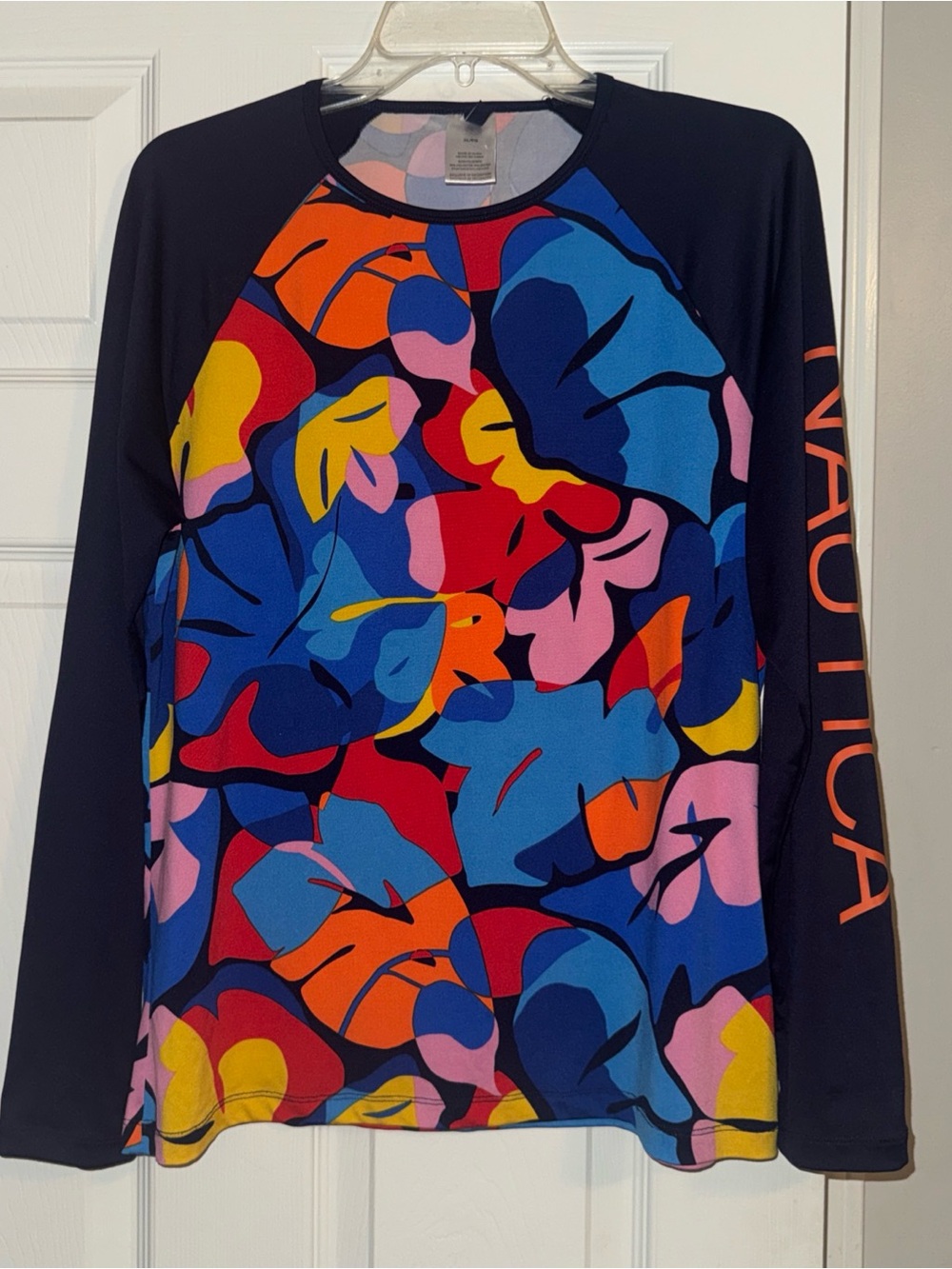 Nautica Black Long-Sleeve Swim Tee with Multicolor Floral Pattern